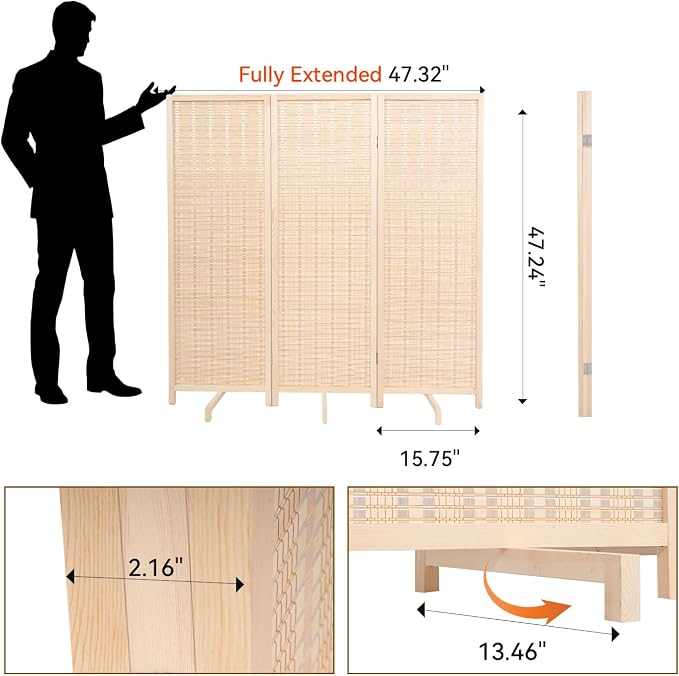 Bamboo Room Divider Panel with 360°Rotating Feet, 3 Panel 47" H Short Folding - Image 2