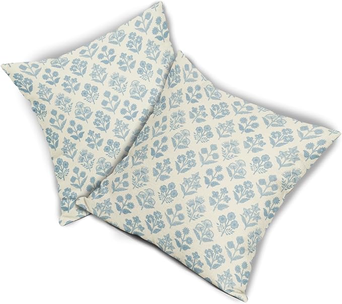 Light Blue Floral Pillow Covers 16x16 Inch Set of 2, Vintage Flower Block Print - Image 8
