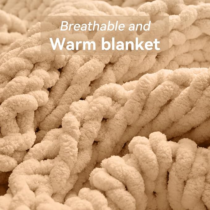 Negwoo Chunky Knit Throw Blanket, Handmade Beige Crochet Big Thick Blanket - Image 6