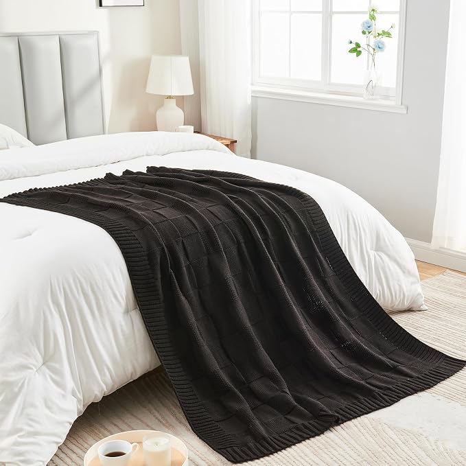 CozeCube Check Knit Throw Blanket, Jet Black Checkered Throw - Image 3
