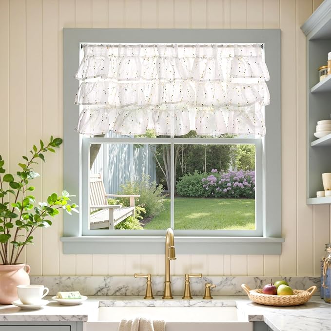 jinchan Ruffled Valance for Windows 18 Inch Mini Pom-Pom Voile Valance Curtains - Image 2