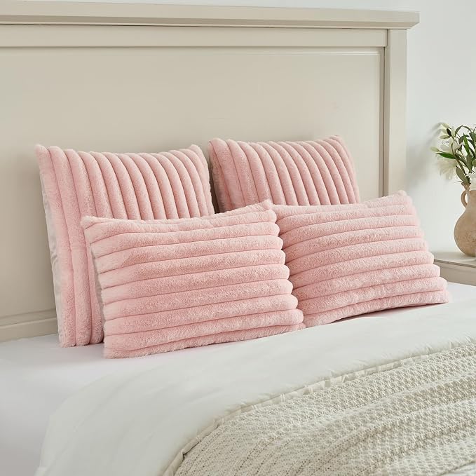 FUTEI Pink Decorative Throw Pillow Covers Set of 2, 26x26 Inch Soft Fluffy Faux - Image 5