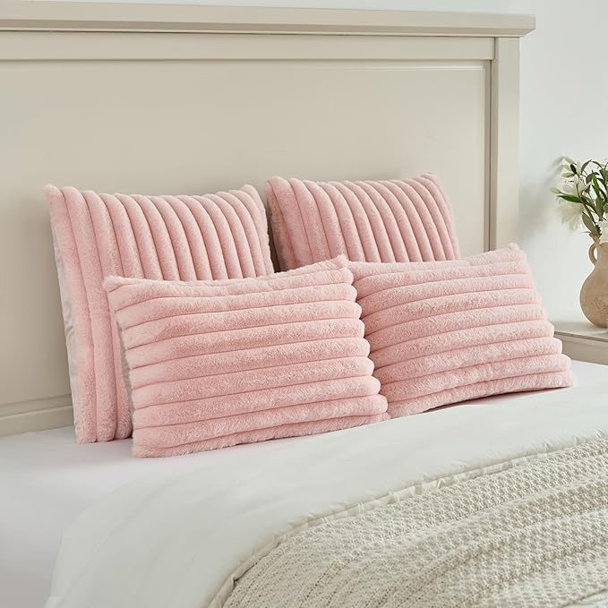 FUTEI Pink Decorative Throw Pillow Covers Set of 2, 24x24 Inch Soft Fluffy Faux - Image 5