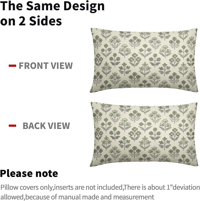 Green Grey Gray Floral Pillow Covers 12x20 Inch Set of 2, Block Print Lumbar - Image 4