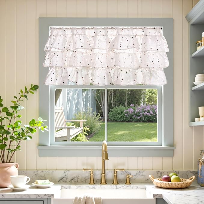 jinchan Ruffled Valance for Windows 18 Inch Mini Pom-Pom Voile Valance Curtains - Image 2