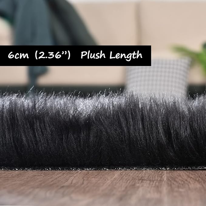 Goolela Black Round Rug 3ft Fluffy Fuzzy Sheepskin Rug Black Circle Faux Fur Rug - Image 3