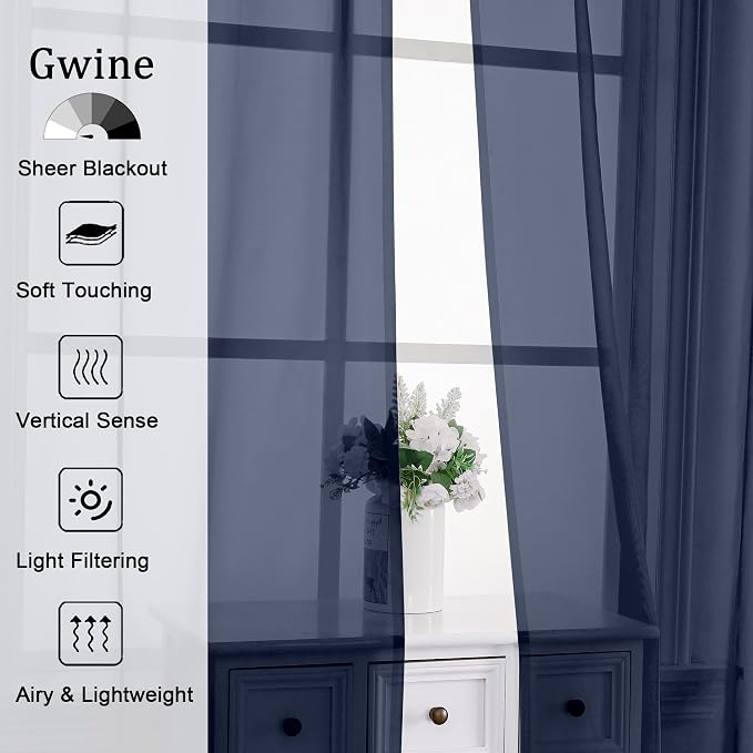 Gwine Navy Blue Sheer Curtains for Living Room 45 inches Long, Short Voile - Image 2