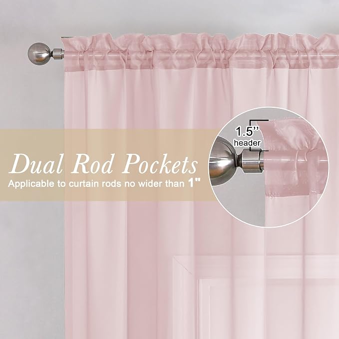 Lecloud Blush Sheer Curtains 54 Inches Long 2 Panels Set, Airy & Breathable - Image 2