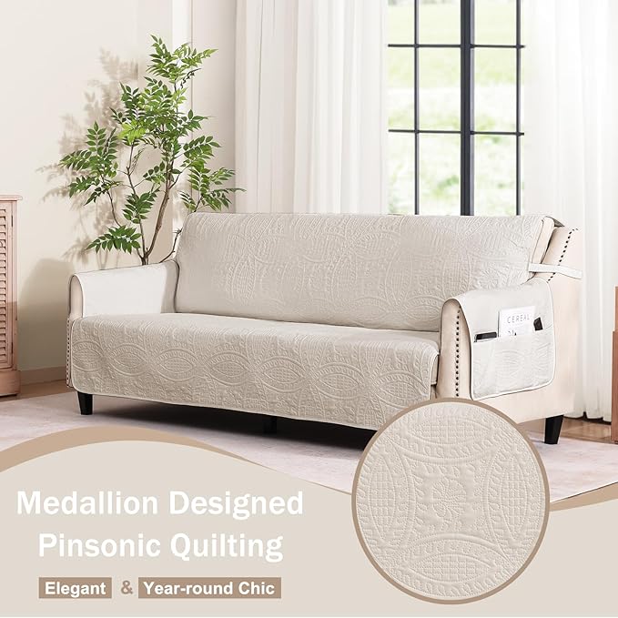 Beige Loveseat Covers for 2 Cushion Couch, Water-Repellent Quilted Covers for - Image 8