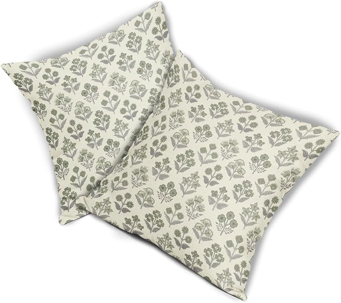 Green Grey Gray Floral Block Print Pillow Covers 16x16 Inch Set of 2, Vintage - Image 8