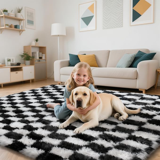 Checkered Rug for Living Room, 8x10 Black and White Area Rugs, Classic - Image 5