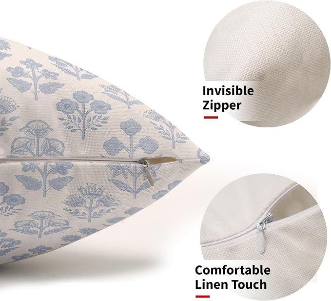 Baby Blue Floral Pillow Covers 12x20 Inch Set of 2, Vintage Flower Block Print - Image 2
