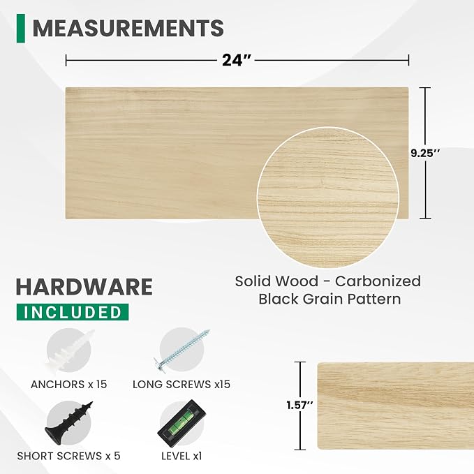 Wood Floating Shelves For Wall, 24”W x 9”D x 1.56”H Deep Wood Wall Shelves for - Image 3