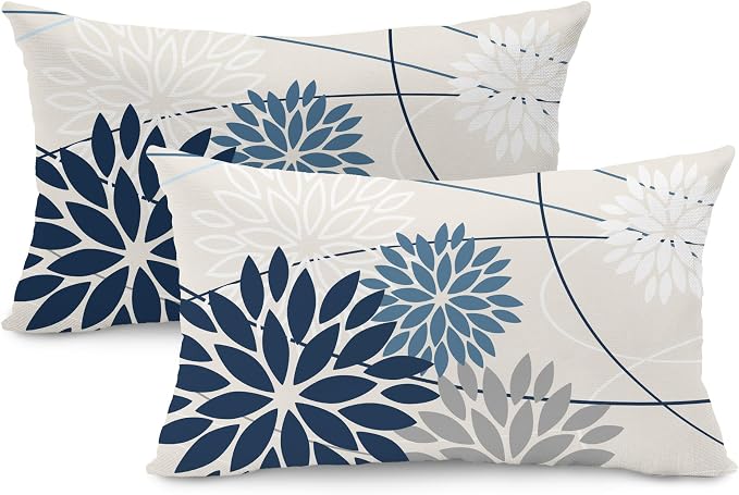 Blue and Gray Floral Pillow Covers 12x20 Set of 2 Outdoor Waterproof White by DFXSZ