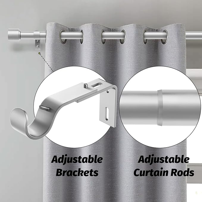 GEEBOBO Silver Curtain Rods for Windows 66 to 120 Inch, 1 Inch Adjustable Heavy - Image 2