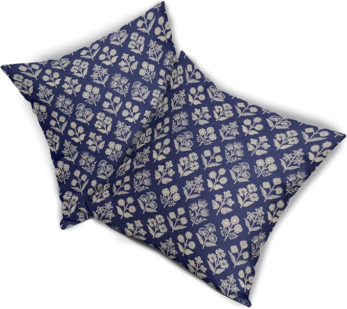 Navy Blue Floral Block Print Pillow Covers 20x20 Inch Set of 2, Vintage Flower - Image 8