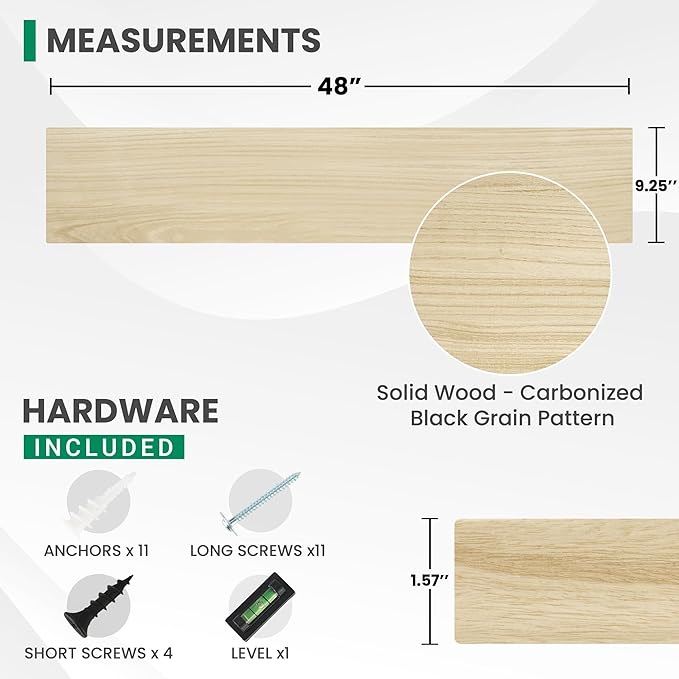 Solid Wood Floating Shelves For Wall, 48”W x 9”D x 1.56”H Large Wall Shelves - Image 3