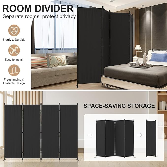 Room Divider 4 Panel Partition Room Dividers & Folding Privacy Screens w/ 3 - Image 6
