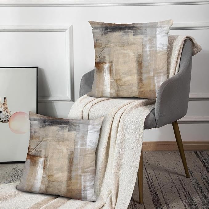 Throw Pillow Covers 18x18 Set of 2 Beige and Grey Art Throw Pillow Covers Soft - Image 5
