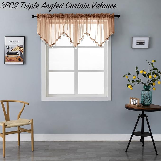 Beaded Sheer Valance Curtains for Living Room, Rod Pocket Farmhouse Window - Image 4
