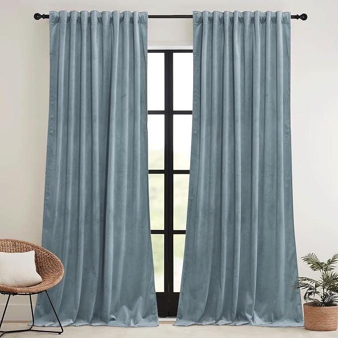 RYB HOME Stone Blue Velvet Curtains 96 inches - Image 2