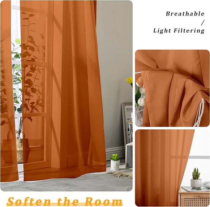 Gwine Burnt Orange Sheer Curtains 63 Inch Length - Image 4