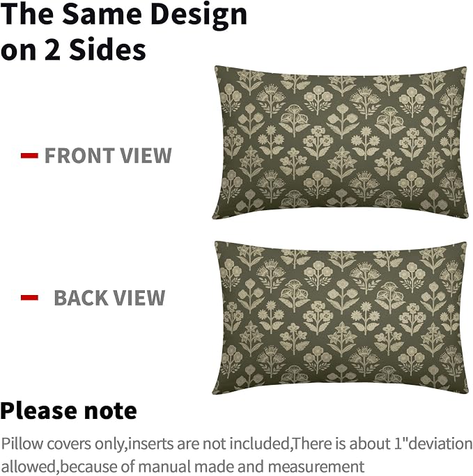 Olive Green Pillow Covers 12x20 Inch Set of 2, Cream Floral Block Print Pattern - Image 4