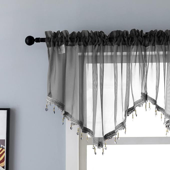 Beaded Sheer Valance Curtains for Living Room, Rod Pocket Farmhouse Window by PearAge