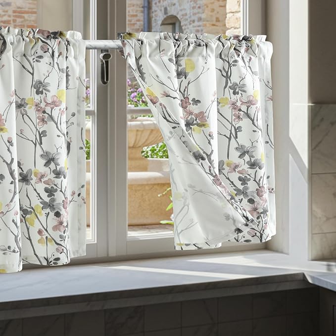Leeva Watercolor Floral Kitchen Window Curtains, Farmhouse Style Print Linen by Leeva