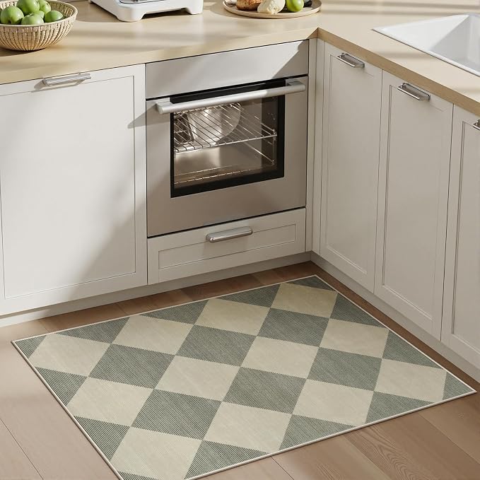 Beeiva Checkered Washable Entryway Rug 2x3, Non Slip Ultra Thin Green Front - Image 3