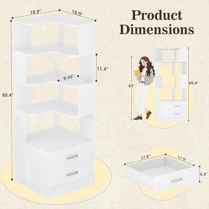 Armocity Corner Bookshelf with Drawers, 7 Tier Corner Book Shelf Display - Image 3