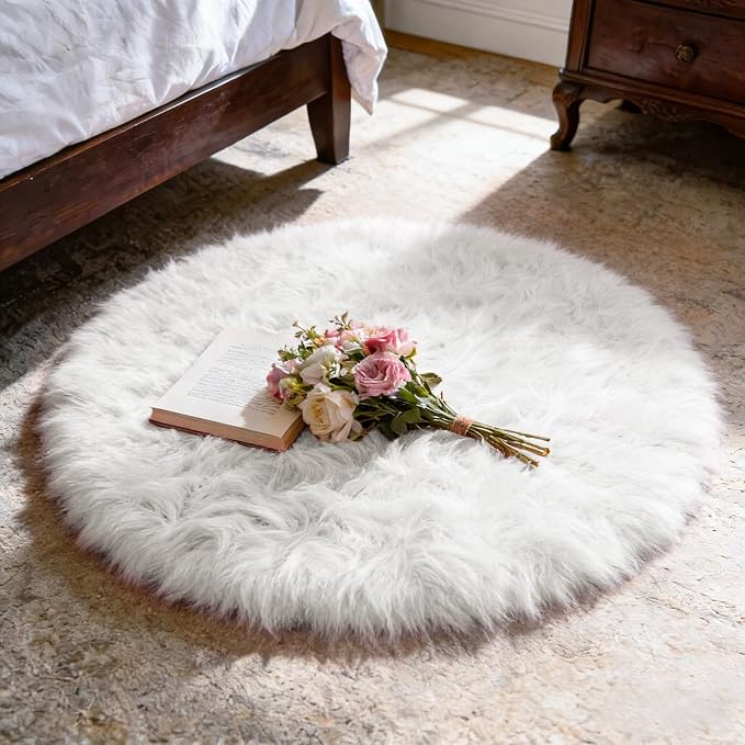 Ultra Soft Faux Fur Rug, Fluffy Shaggy 3ft Round Area Rug by TUOTPE
