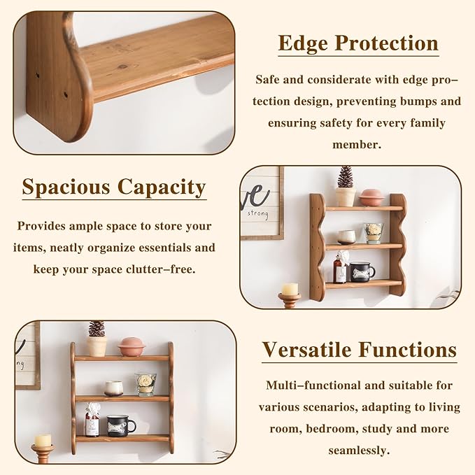 100% Solid Wood Wall Shelf 3-Tier, Rustic Floating Shelves Wall Mounted Storage - Image 5