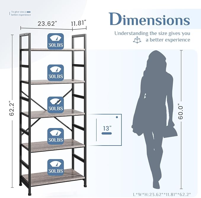 DUMOS 5 Tiers Bookshelf, Classical Book Shelf, Tall Display Shelves in Living - Image 3