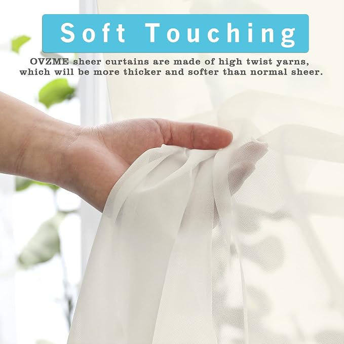 OVZME Ivory Sheer Curtains 90 Inches Long 2 Panels - Image 3