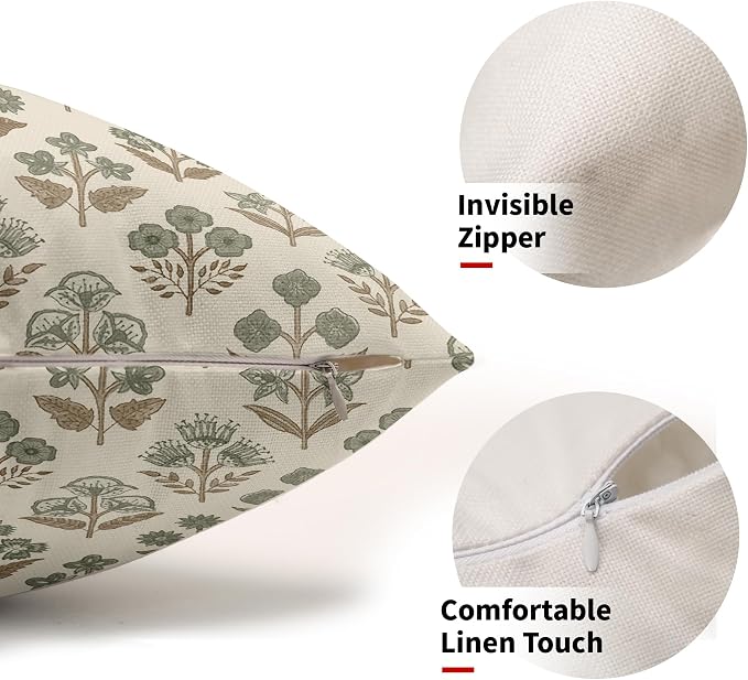 Brown Green Floral Pillow Covers 12x20 Inch Set of 2, Block Print Lumbar Flower - Image 2