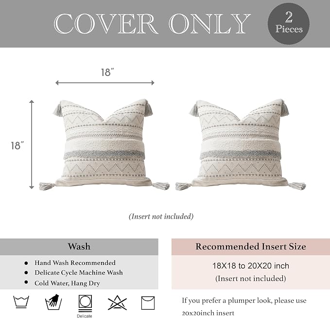 BlissBlush Gray Decorative Throw Pillow Covers 18X18 Combo Set of 2 Square Boho - Image 5