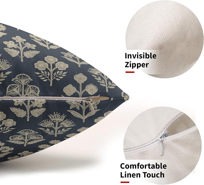 Dusty Blue Pillow Covers 12x20 Inch Set of 2, Cream Floral Block Print Pattern - Image 2