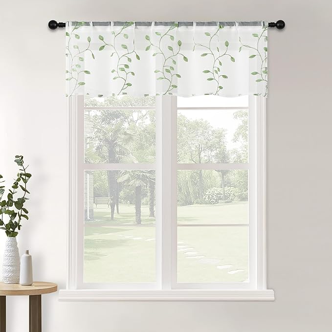 MRTREES Sheer Voile Curtain Valances, Leaves Embroidered Valance Curtains Rod by MRTREES