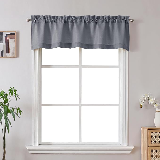Gwine Dark Grey Valance Curtain, Light Filtering Faux Linen Textured Valance by Gwine