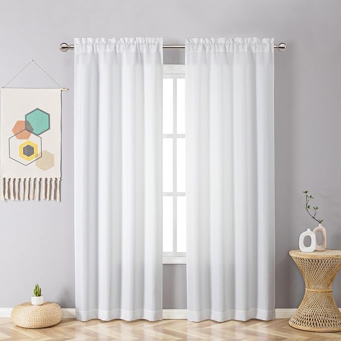 Chyhomenyc White Curtains 72 Inch Length 2 Panels Set, Faux Linen Textured - Image 2