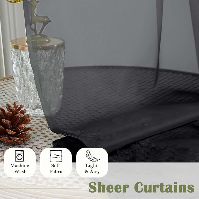 Lecloud Black Sheer Curtains 63 Inch Length 2 Panels, Voile Light Filtering - Image 5