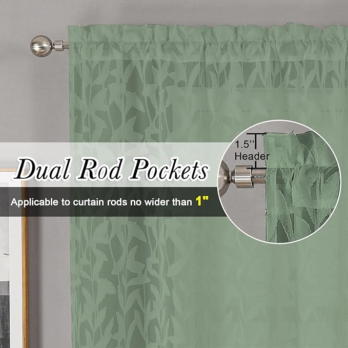 Lecloud Leia Sage Green Sheer Curtains 63 Inch Length 2 Panels, Rustic Light - Image 2