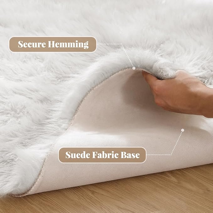 ORINOVA White Fluffy Faux Sheepskin Washable Fur Round Rug 5ft Nursery Rugs - Image 3