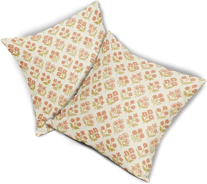 Orange Yellow Floral Pillow Covers 22x22 Inch Set of 2, Vintage Flower Block - Image 8