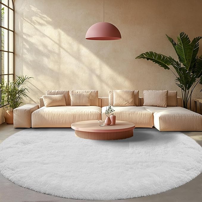 Round Area Rug for Living Room: White Shag Rugs for Bedroom- 7x7 Feet Fluffy by CAIYUECS