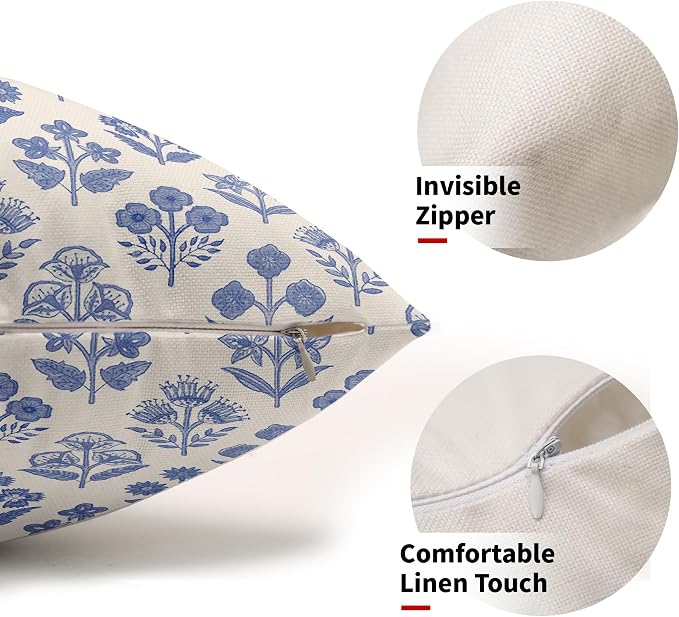 Blue Floral Pillow Covers 12x20 Inch Set of 2, Block Print Lumbar Flower Cream - Image 2