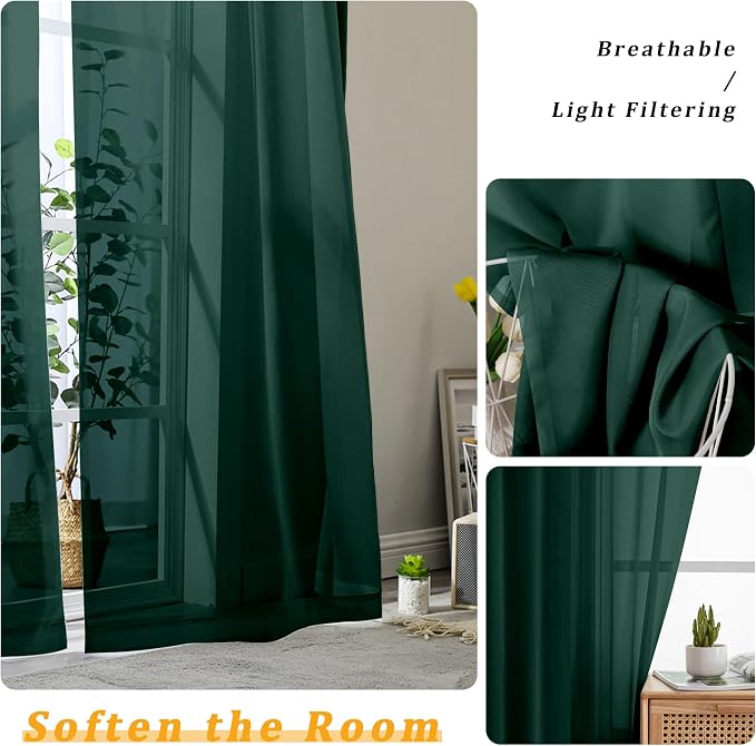 Gwine Hunter Green Sheer Curtains 90 Inches Long 2 Panels Set, Light Filtering - Image 3