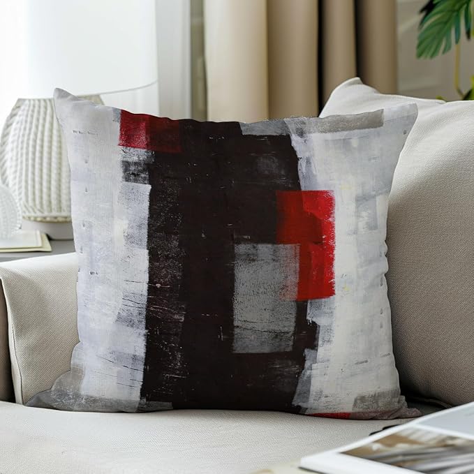 Red and Grey Abstract Art Pillow Cover, Modern Black White Wall Decorative - Image 3