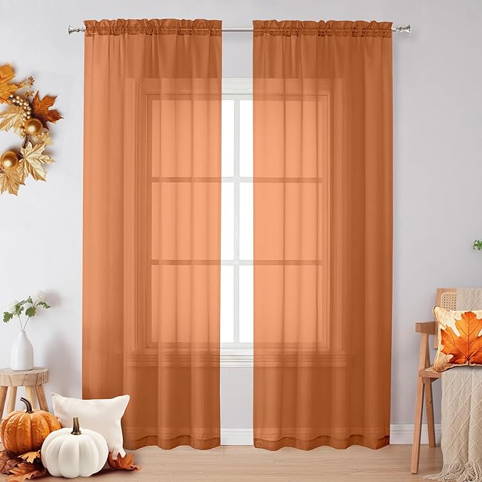 OVZME Sheer Orange Curtains 84 inch Length 2 Panels Set, Airy Soft-Touching Rod by OVZME
